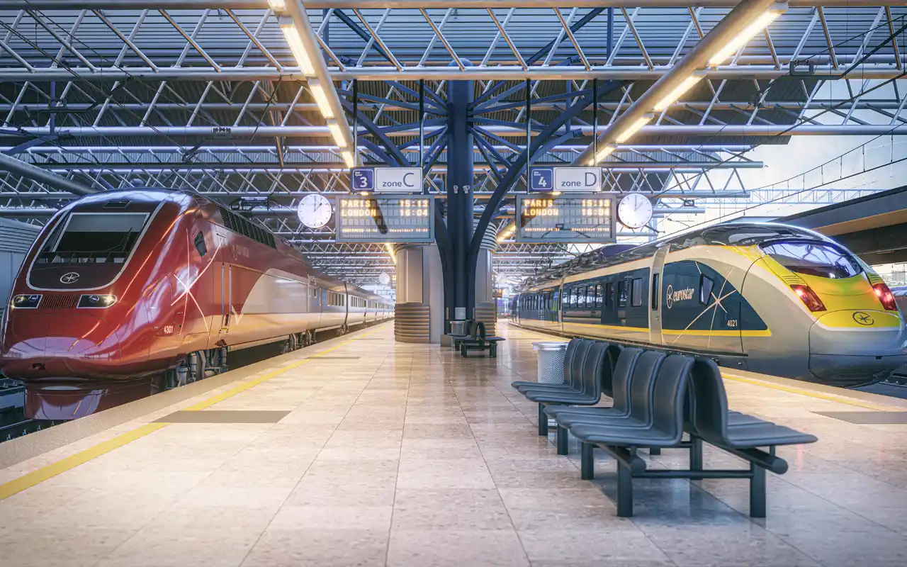 Trenes Eurostar en la terminal para cubrir el viaje en tren Paris Londres
